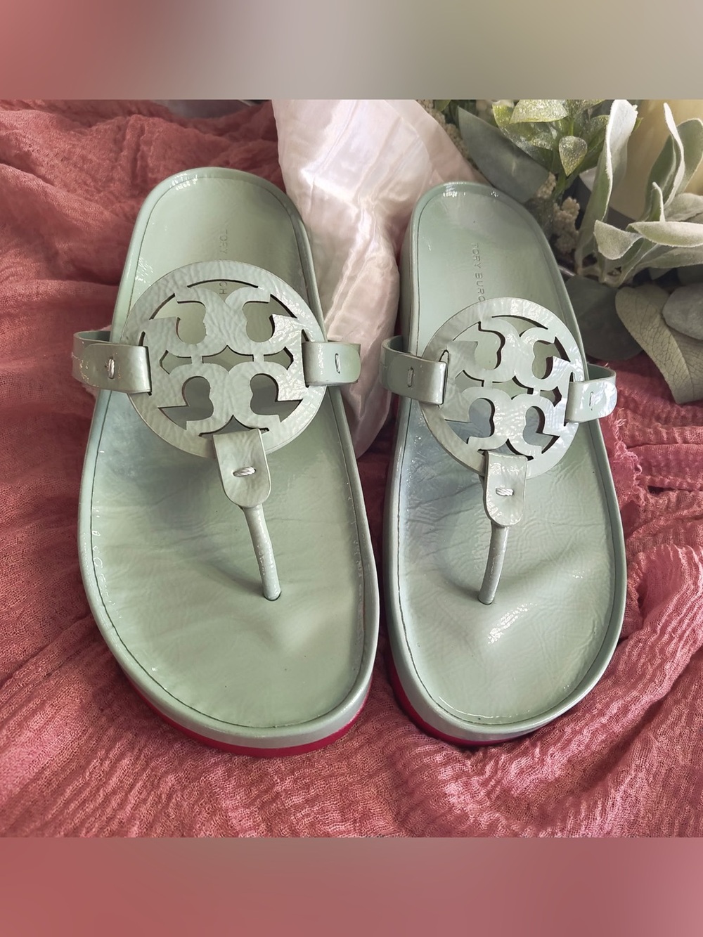 Tory Burch Miller Cloud Lug Sandal In Sea Wind/red size 9.5 -Like New